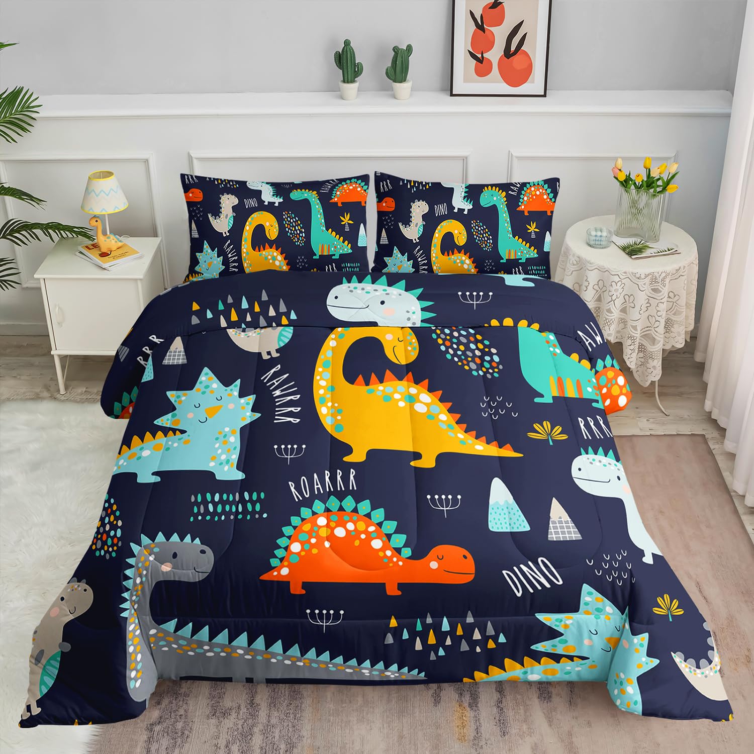 Smell Sunshine Cartoon Dinosaur Comforter Set Dark Blue Printed Bedding Set with 1 Comforter and 2 Pillowcases for Boys and Girls Bedroom All Season(