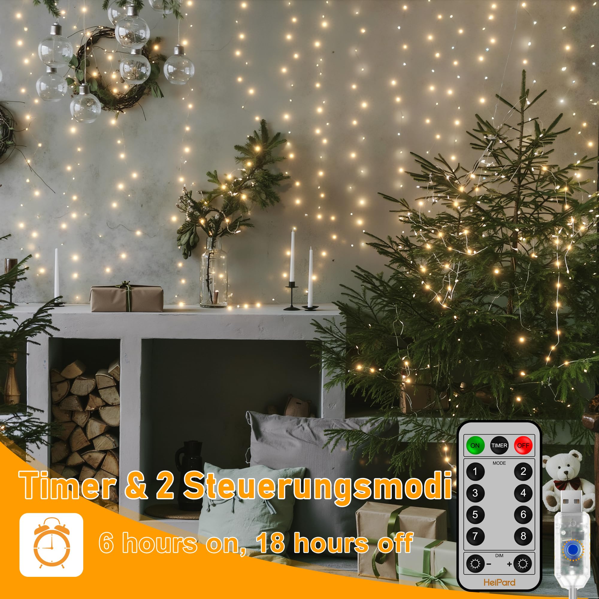 LED Lichtervorhang Innen 3X2M, 200 Leds Warmweiß,  Produktbild-Vorschau 7