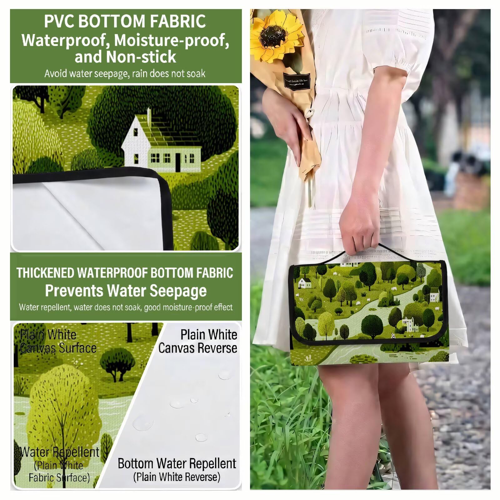 Couverture Pique Nique Grande 200x300cm,Outdoor Couverture Imperméable,Pliable Tapis de Plage Dos en PVC Anti-Sable,Picnic Blanket pour Camping Accessoires,Jardin,Parc,Famille - Ferme verte (1) UZ-582