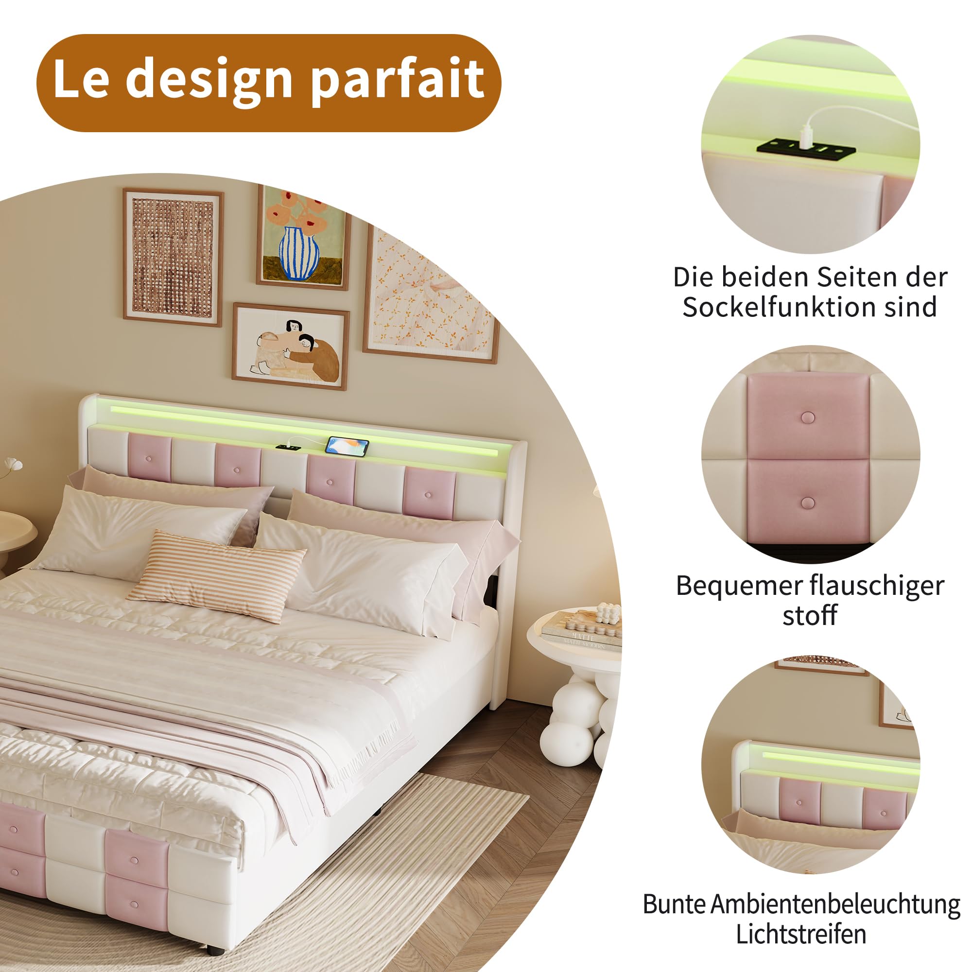 CDQL Łóżko tapicerowane 140 x 190 cm z 4 szufladami, zagłówek ze złączem USB i oświetleniem LED, podwójne łóżko ze stelażem, łóżko dla dziewczynki, łóżko funkcyjne, aksamitne, białe i różowe