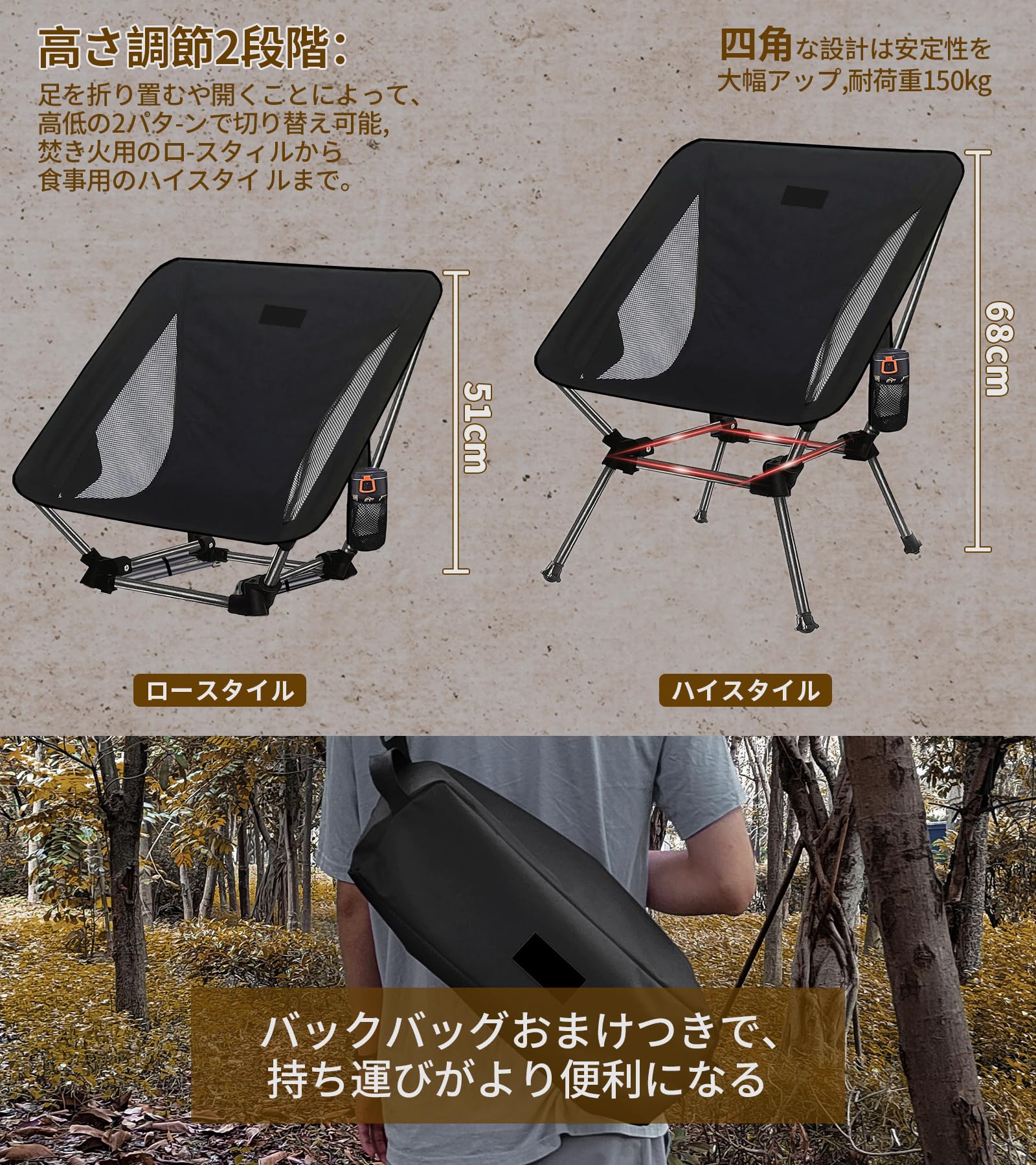 2個セット　ハイ/ロー高さ切替可能2WAYアウトドアチェア　コンパクト収納 Amazon.co.jp: DesertFox キャンプ椅子 2個セット アウトドア チェア