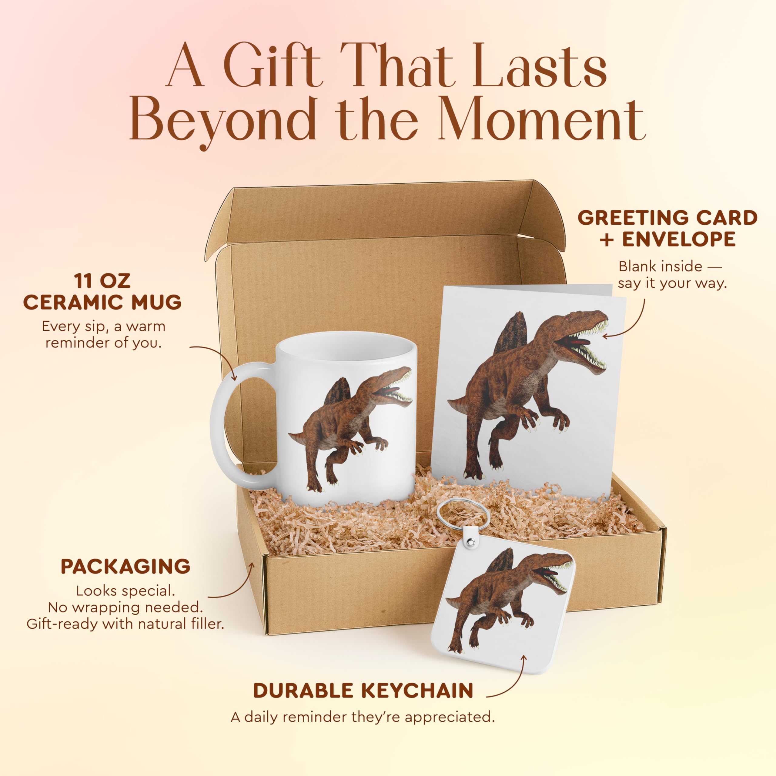 3dRose Spinosaurus Dinosaur Gift Set - Mug, Card, and Keychain for Kids - Perfect for Dinosaur Fans and Birthday Gifts