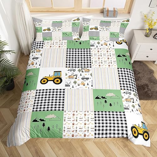 Miniatura 4 de Juego de funda de edredón con diseño de dibujos animados para niños, diseño de camión y tractor, color negro, blanco, verde, rayas, funda de edredón