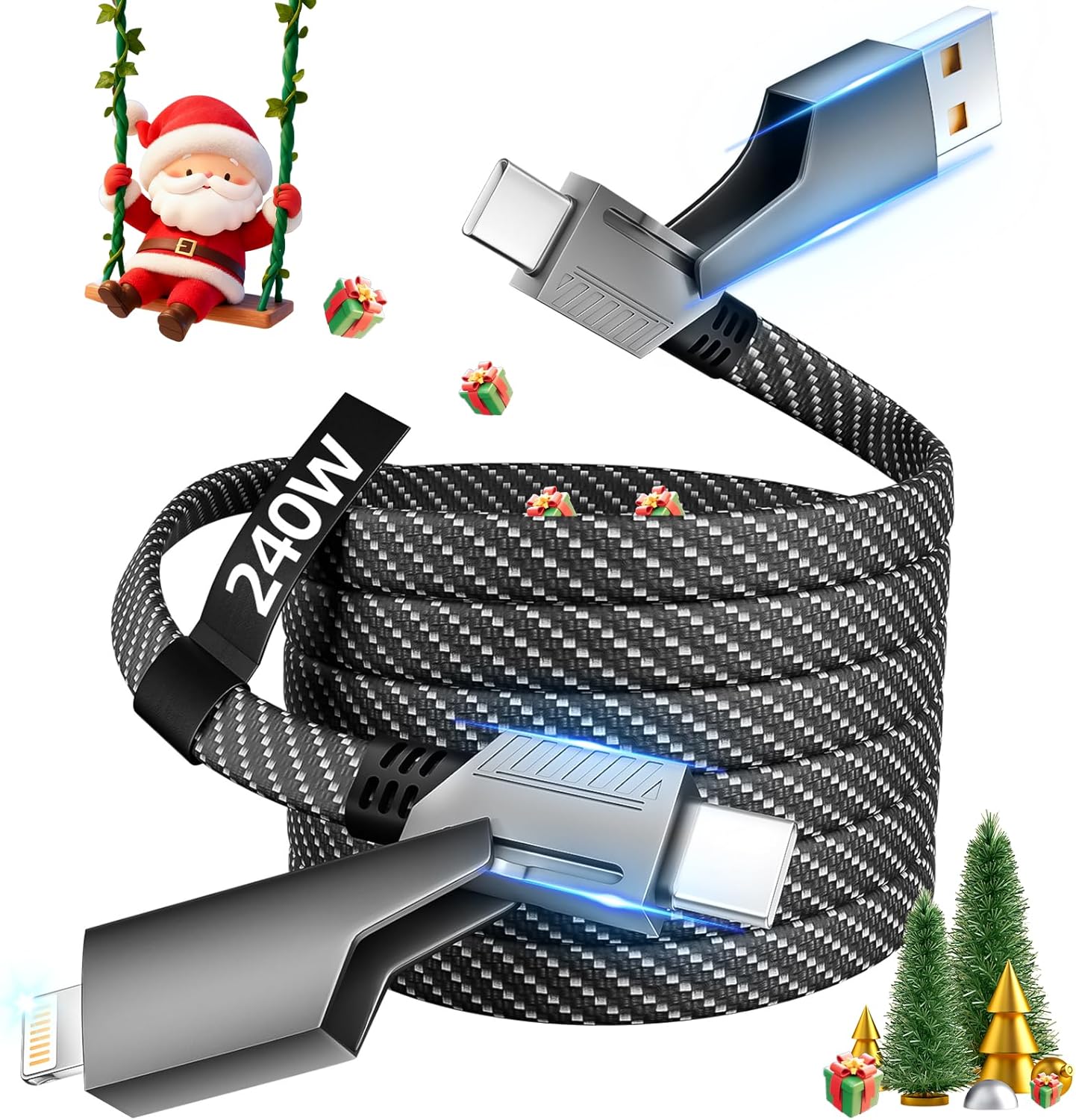 USB C Cable, 240W MAX 4 in 1 Charging Cord 5FT with E-Mark Chip, Fast Charging USB A/C to C/Lightning Cable for iPhone 17/16/15/14/13 Series, MacBook/Pad/Android/Tablets and More, iPhone Charger Cord