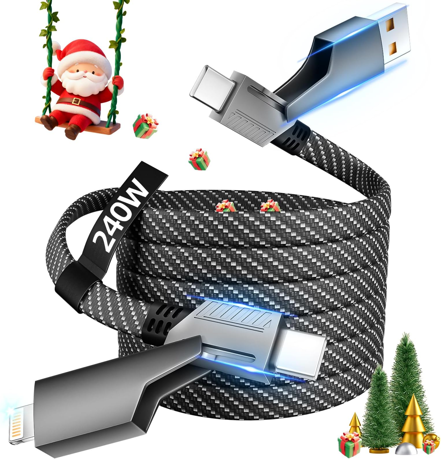 USB C Cable, IDISON 240W Max 4 in 1 Charging Cord with E-Mark Chip, Fast Charging USB A/C to C/Lightning Cable for iPhone 16/15/14/13 Series, MacBook/Pad/Android/Tablet and More