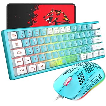 60% Gaming Keyboard and Mouse Combo Samll Mini RGB Backlight Mechanical Feeling and Mechanical RGB 12003 DPI Honeycomb Optical Mouse,Gaming Mouse pad for Gamers and Typists (Blue & White)