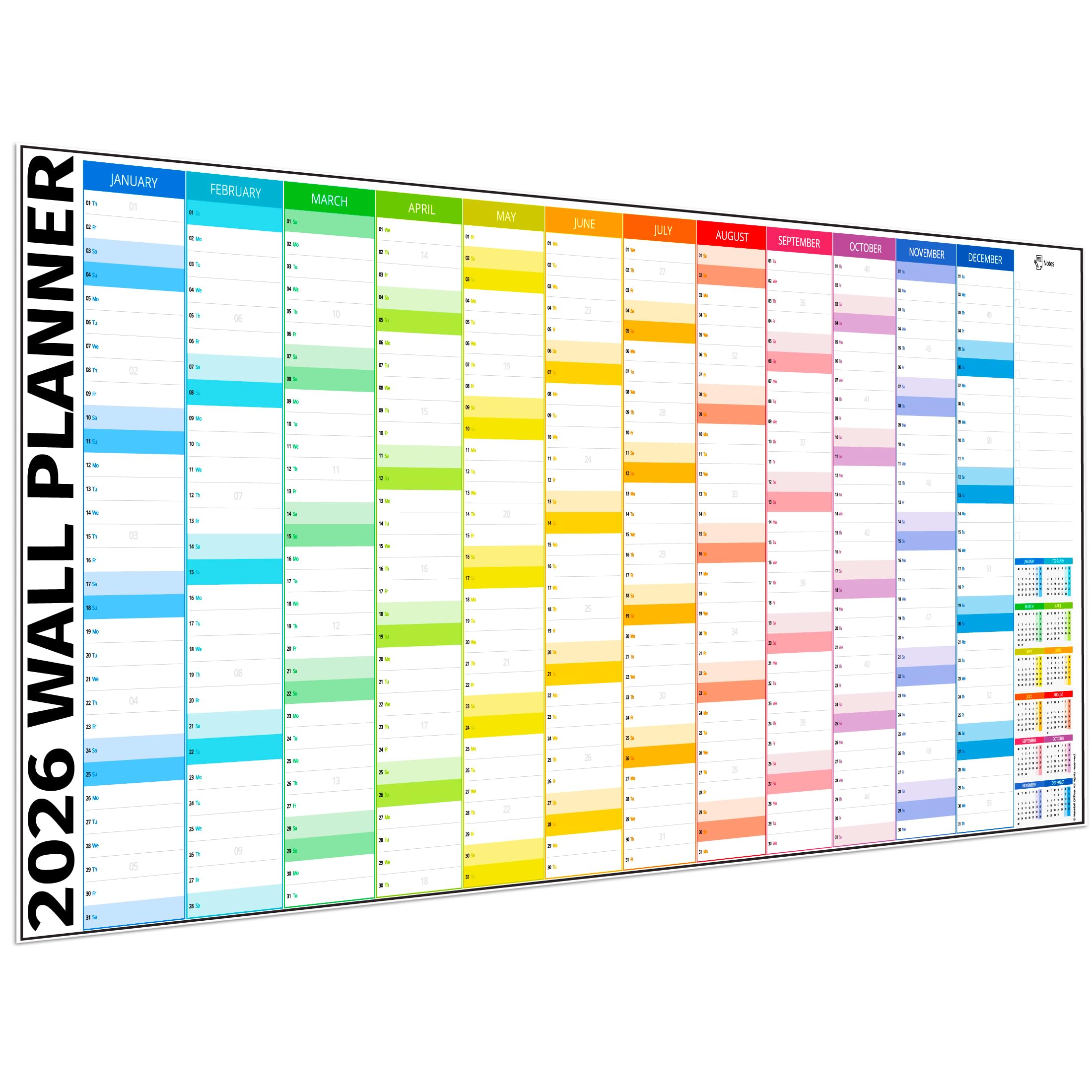 Wall Planner 2026 UK - Extra Wide 91 x 38cm Colour Full Year Family Planner Calendar 2026 For Home, Office, Teacher Calendars & Personal Organisers - Folded Wide Columns Edition