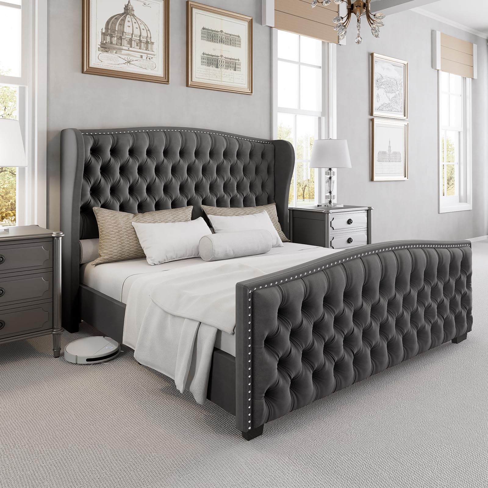 Full view of the LUXOAK Queen Platform Bed Frame in grey velvet with wingback headboard, showcasing its elegant design.