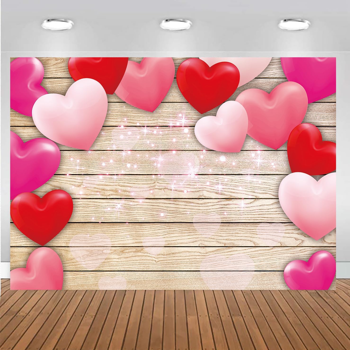 Valentine's Day Photography Backdrop 7x5FT Pink Heart Backdrop Wooden Glitter Lights Red Love Heart Balloons Background for Valentine's Day Baby Shower Party Wall Decorations Banner