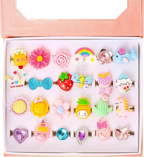 nutty toys Anillos de joyería para niña, 24 joyas ajustables para niños, el mejor regalo de cumpleaños y de Navidad, regalos únicos para niñas de 5,