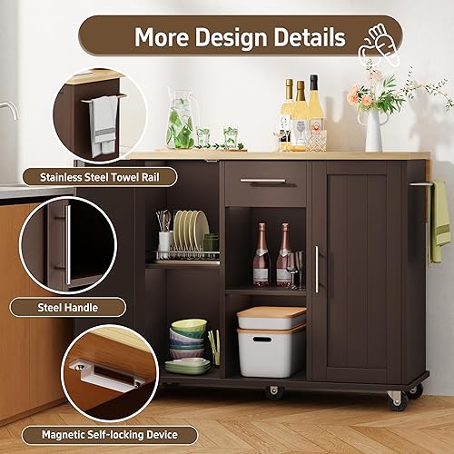Miniatura 79 de Shintenchi Carrito de isla de cocina con almacenamiento, mesa auxiliar de isla de cocina con ruedas con encimera, armario de almacenamiento de una