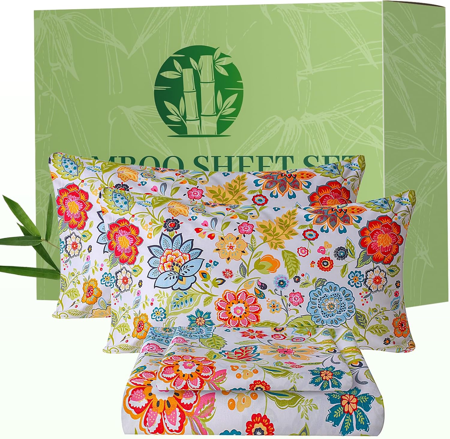 Bedlifes Queen Floral 4-Piece Sheet Set - Cooling Sheets Blend Rayon Derived from Bamboo,Soft & Breathable, Deep Pocket 16", Wrinkle Resistant - Vibrant Boho Floral Spring Design - Thumbnail 3