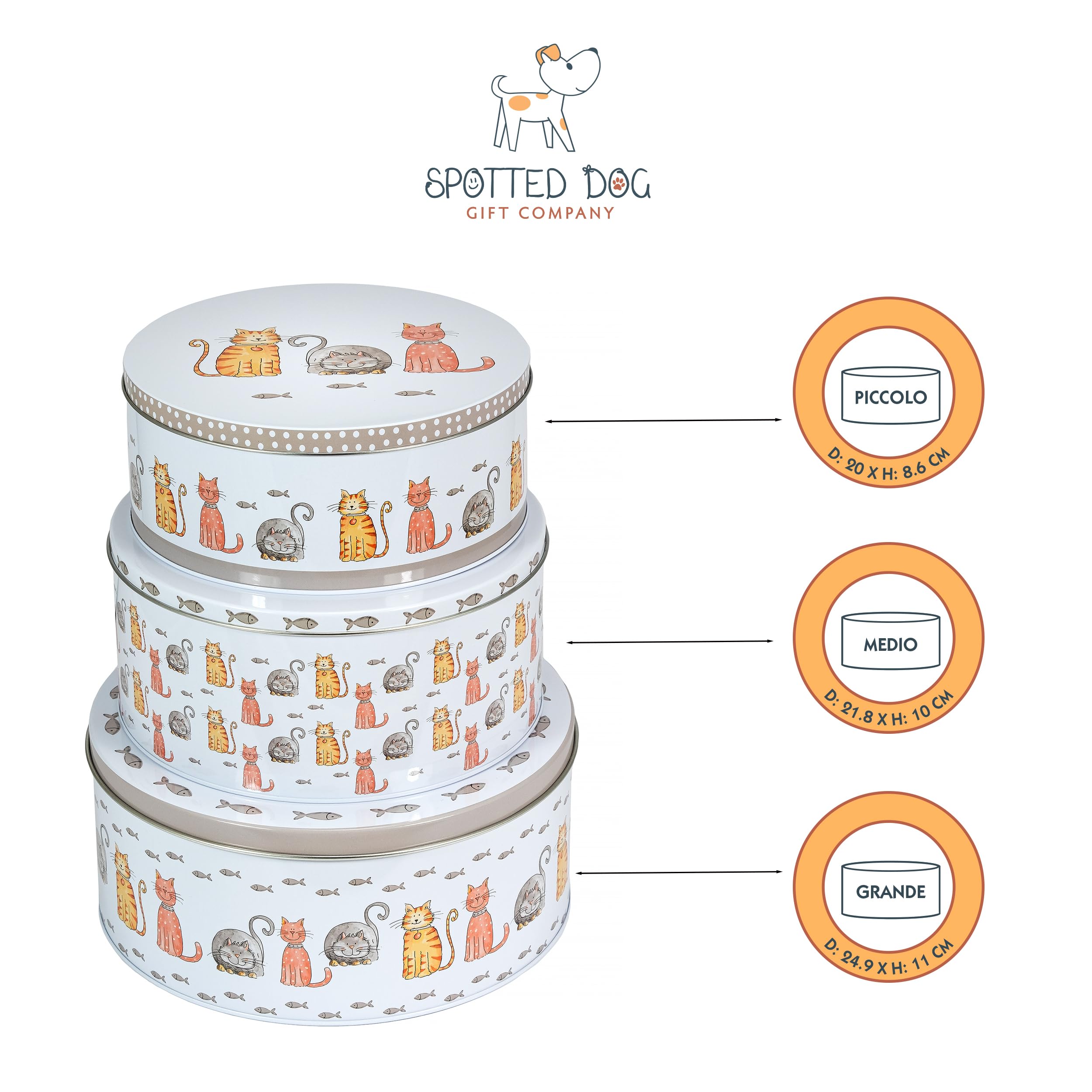 SPOTTED DOG GIFT COMPANY Set di 3 Scatole di Latta, Contenitori Impilabili per Biscotti in Metallo, Barattoli di Latta Rotondi Ermetici per Conservare Torte e Alimenti, Piccoli Medi Grandi - Gatti