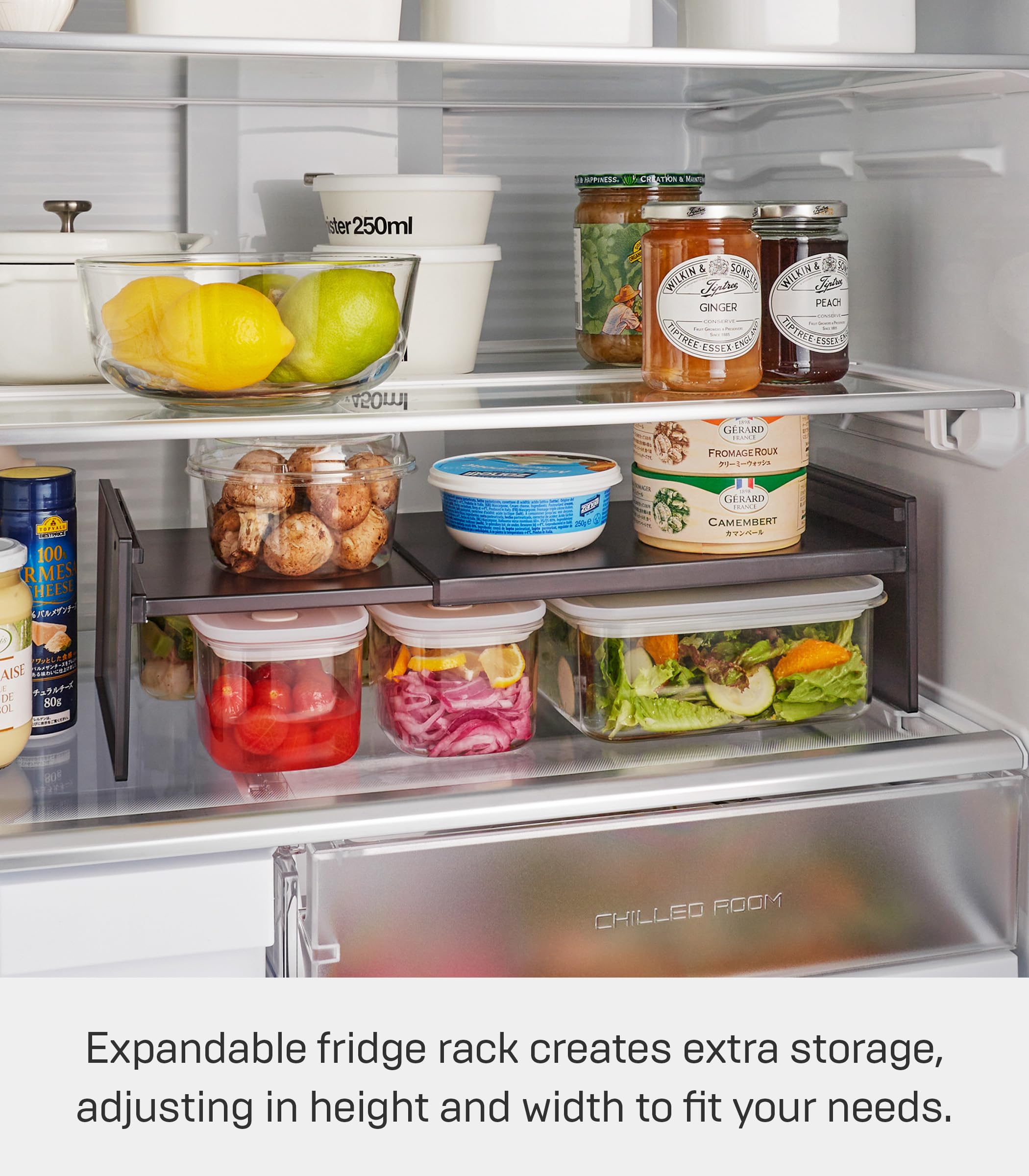 YAMAZAKI 8066 Estante telescópico de Almacenamiento para refrigerador, Negro, Aprox. Ancho 11.8-17.9 x D 7.9 x H 12.4 cm (30-45.5 x 20 x 12.6 cm), Torre Ajustable Ancho y Altura Estante de