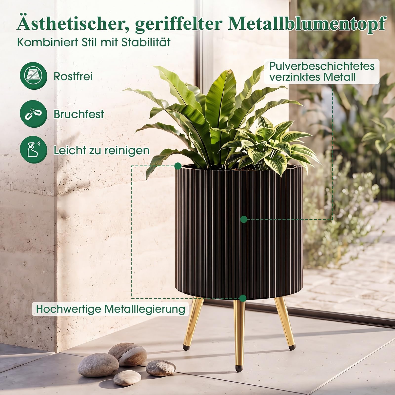 COSTWAY Blumentopf Metall, runder Pflanzkübel & Hocker mit Beinen (1 Pack)