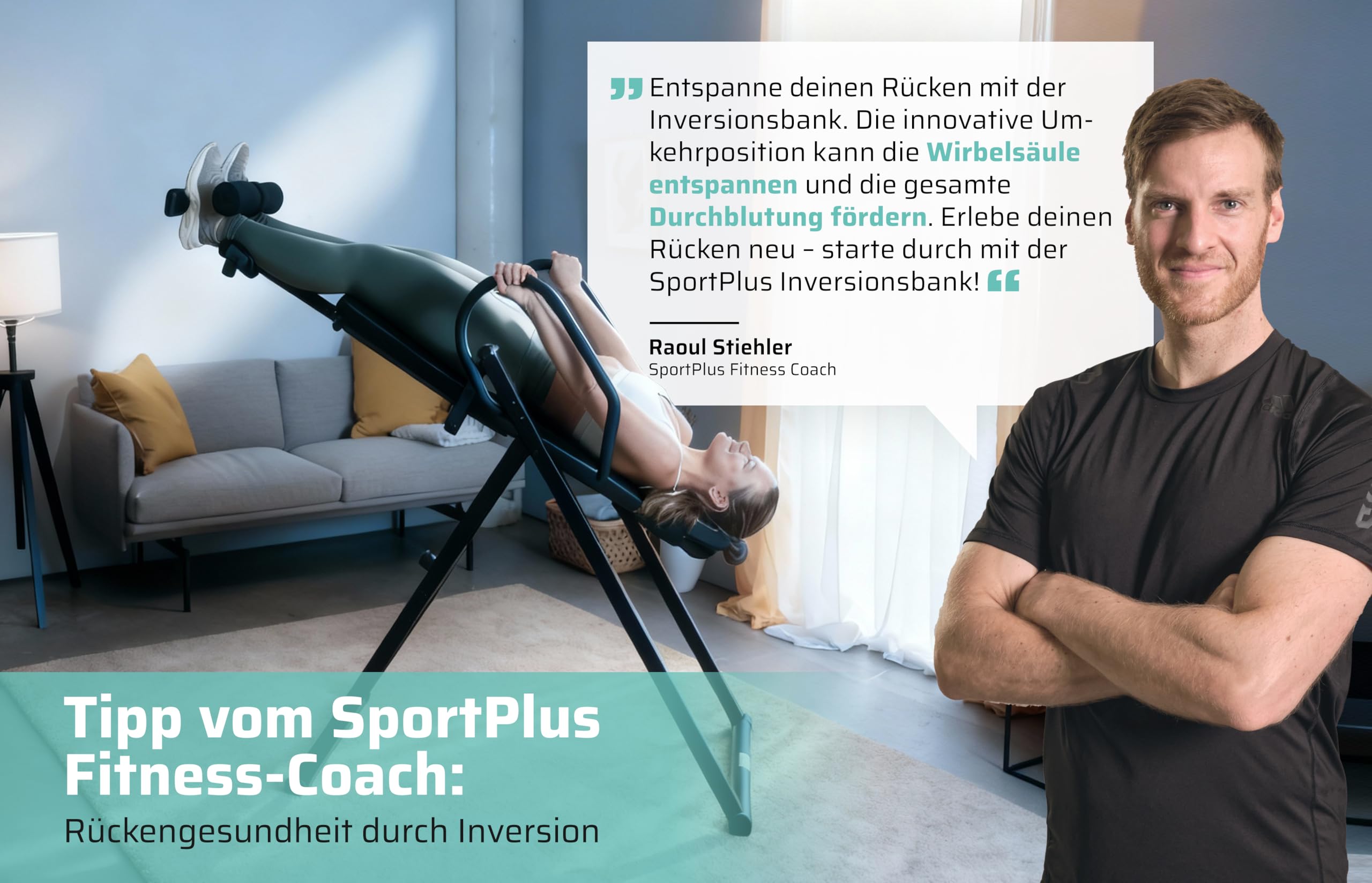 SportPlus Inversionsbank, klappbarer Schwerkrafttrainer, Inversion Table mit 4 Inversionswinkel, Streckbank zur Entlastung der Wirbelsäule, Nutzergewicht bis 135 kg, Rückenstrecker