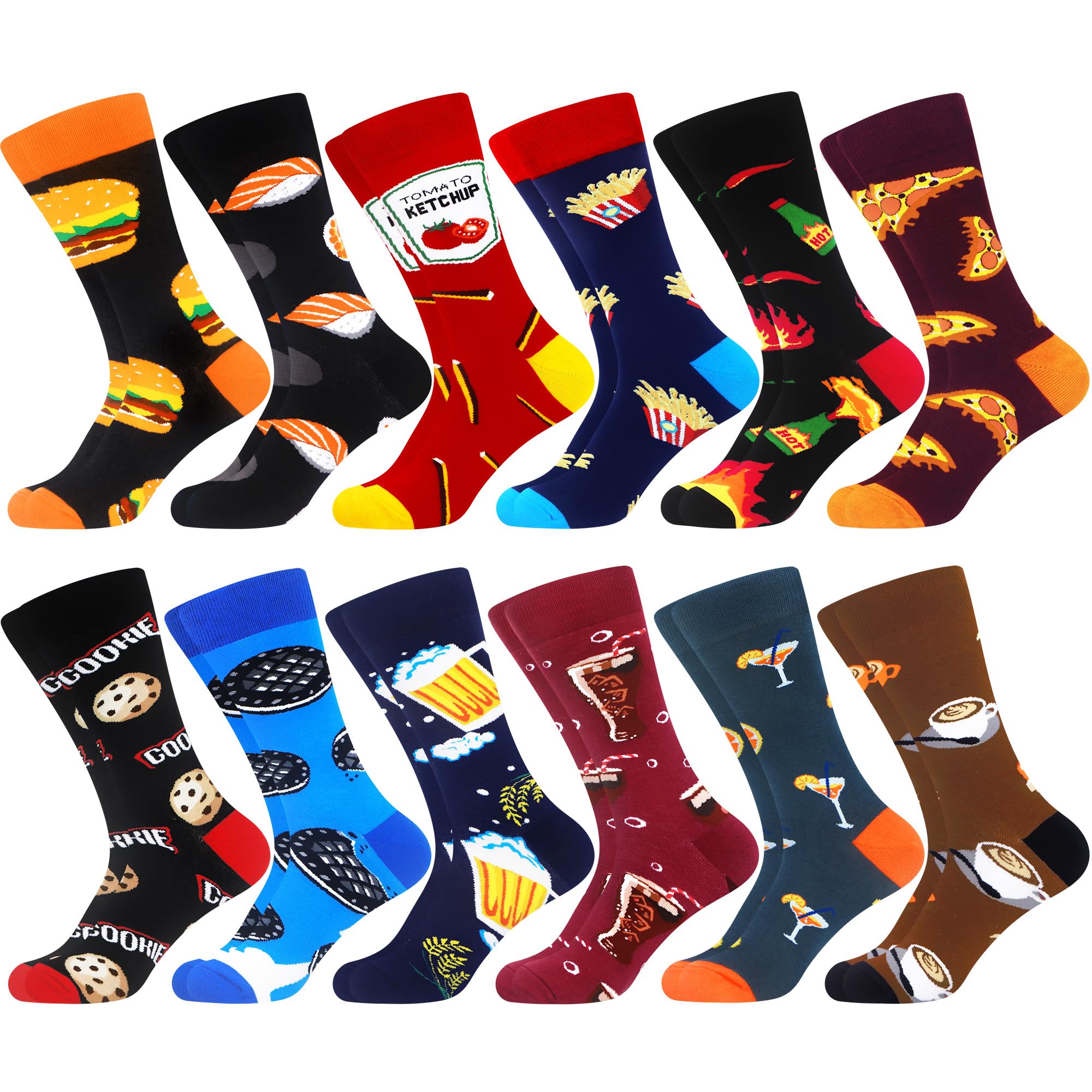 WeciBor Bunt Lustige Herren Socken Neuheit Verrückte Motiv,12 Paar Mehrfarbig Lebensmittel,Größe 47-50