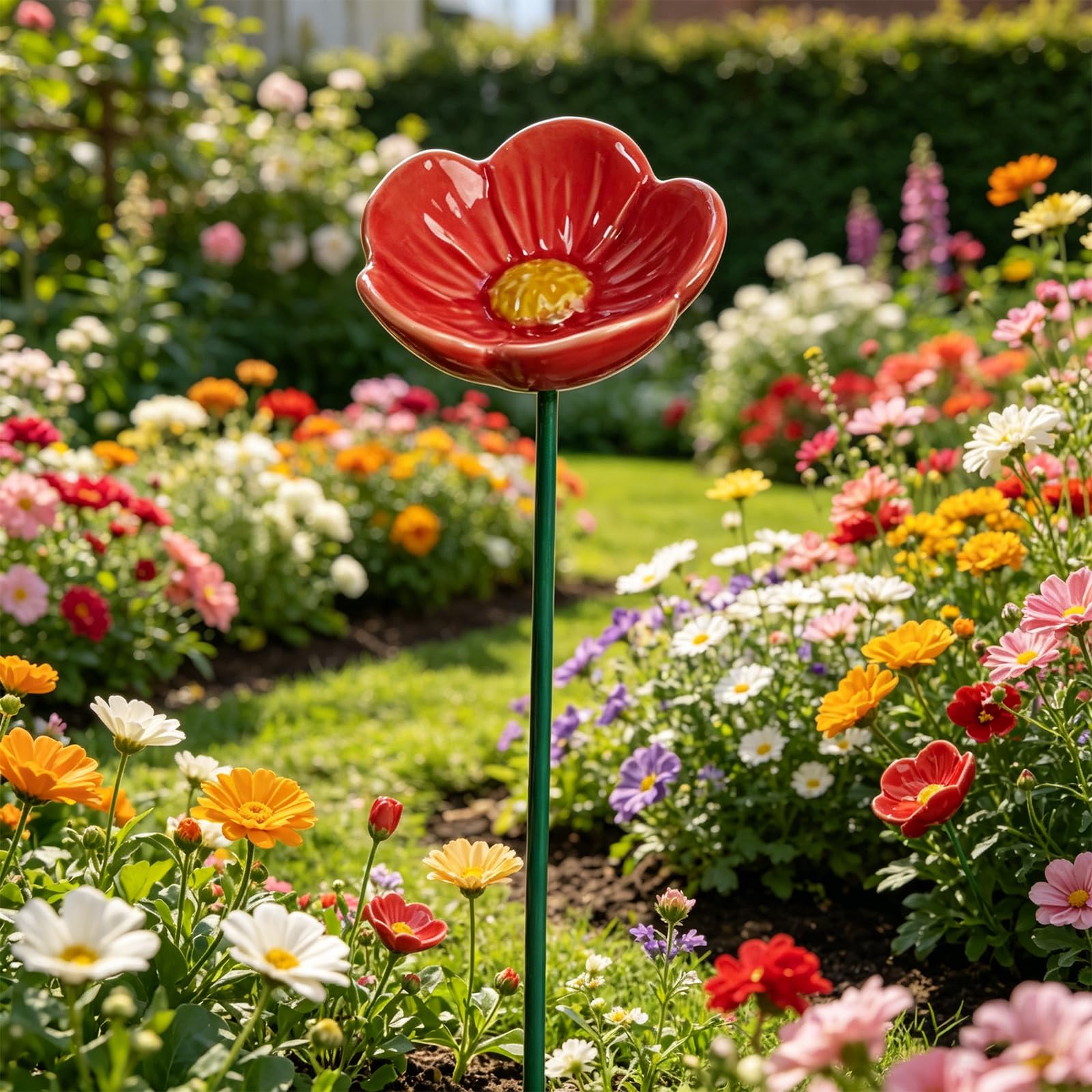 Handmade Flower Garden Stake Bee Bath, Ceramic Pollinator Water Bowl with Ground Stake Outdoor Bees Bath Artificial Flowers Bee Bowl for Summer Garden Decor, Outdoor Waterer For Yard Lawn