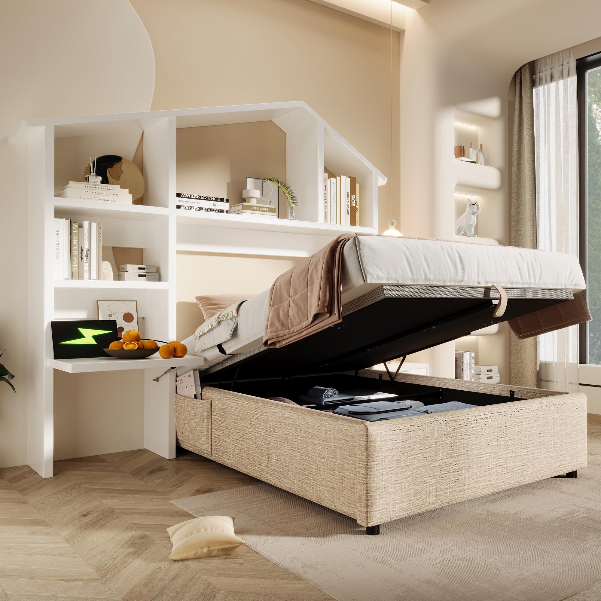 Bett 90x200 mit Bücherregal und USB Type-C-Ladefunktion, Kinderbett Hausbett Polsterbett mit Stauraum & Vollflächiger Lattenrost, Hydraulisch Einzelbett Stauraumbett, Leinen, ohne Matratze, Natürlich