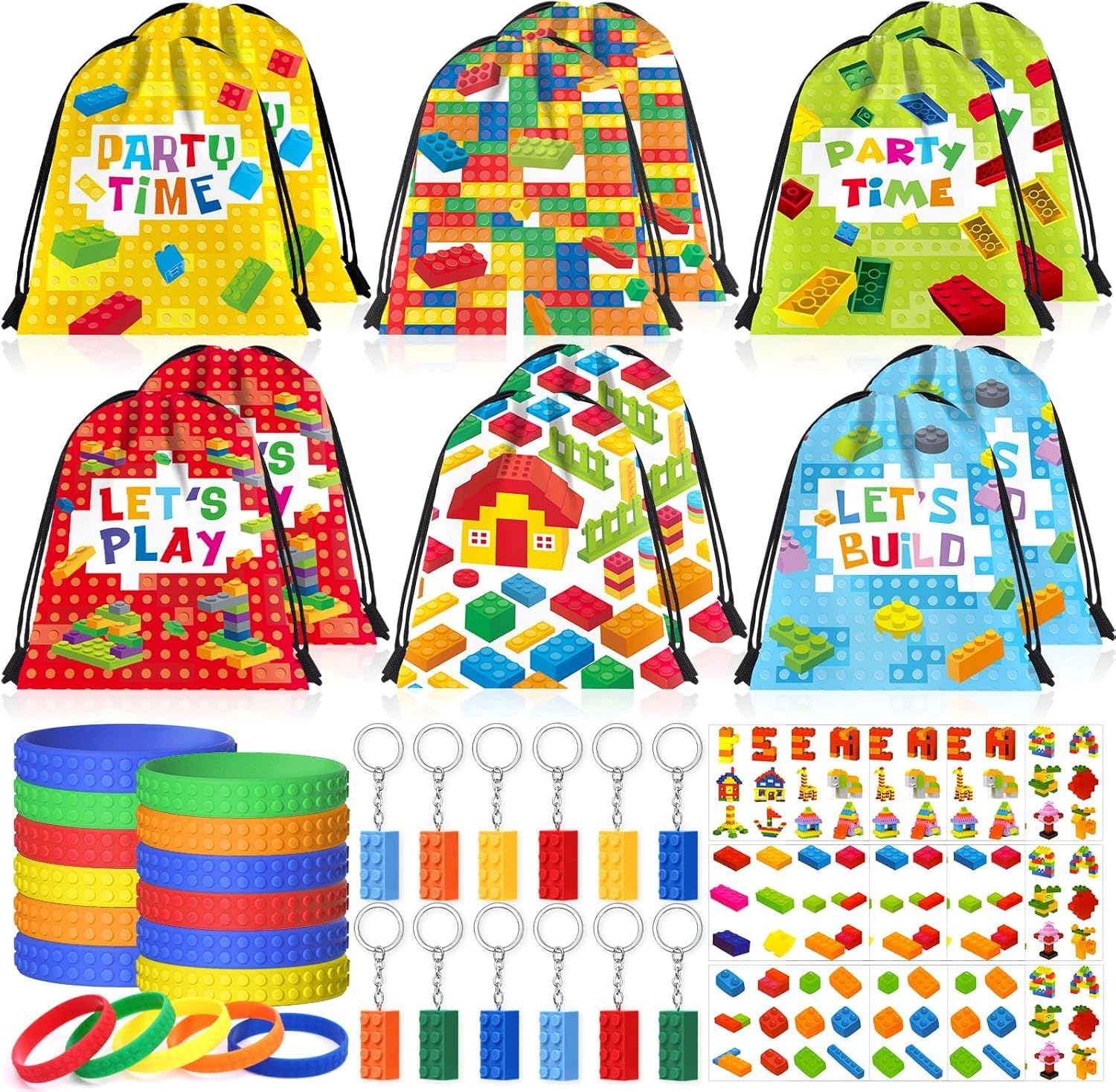 48pcs Kids Party Bag Fillers Building Block Party Favours Drawstring Bags Keychain Silicone Bracelet Tattoo Stickers Treat Pinata Goodie Gift Bag Fillers for Kids Boys Birthday Party Supplies