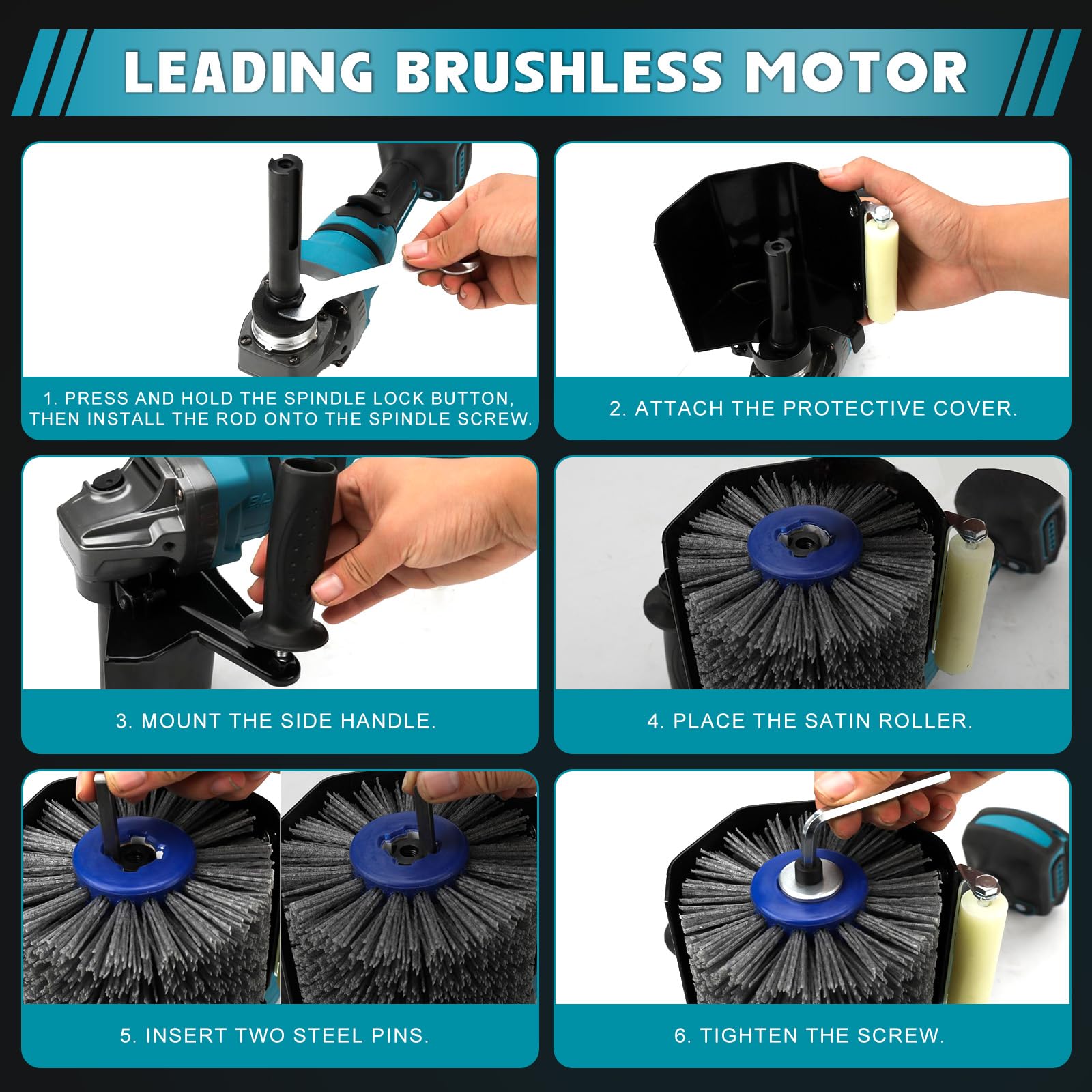 Ponceuse à brosse sans fil 800 W compatible avec Ma-kita 18 V, bouton rotatif à 6 vitesses, machine à satiner 8000 tr/min pour rénovation extérieure, 2 brosses à lamelles et accessoires (sans