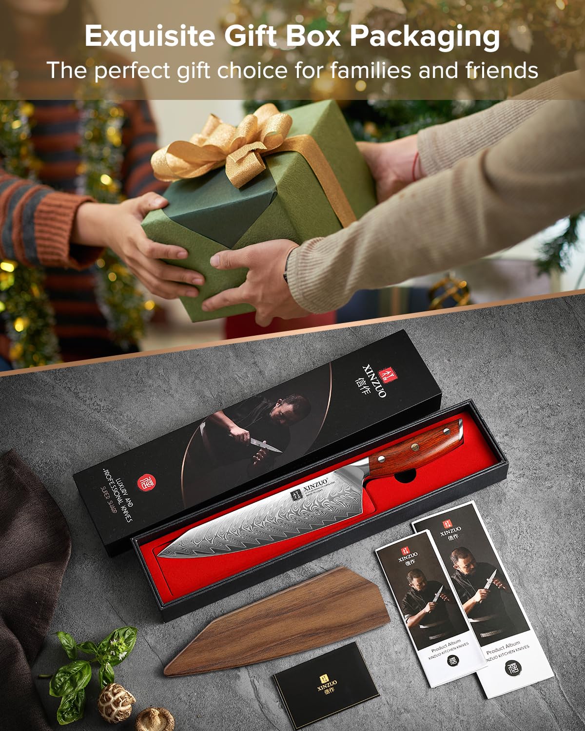 XINZUO Acero de Damasco Cuchillo Chef, 21cm Kiritsuke Cuchillo de Cocinero, Profesional Forjado de Gyuto Cuchillos de Cocina, Mango de Madera de Rosa- con Funda Magnética