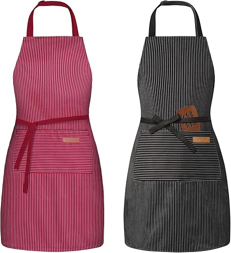 Paquete de 2 delantales ajustables con 2 bolsillos para cocinar, cocina, restaurante, delantales para mujeres y hombres