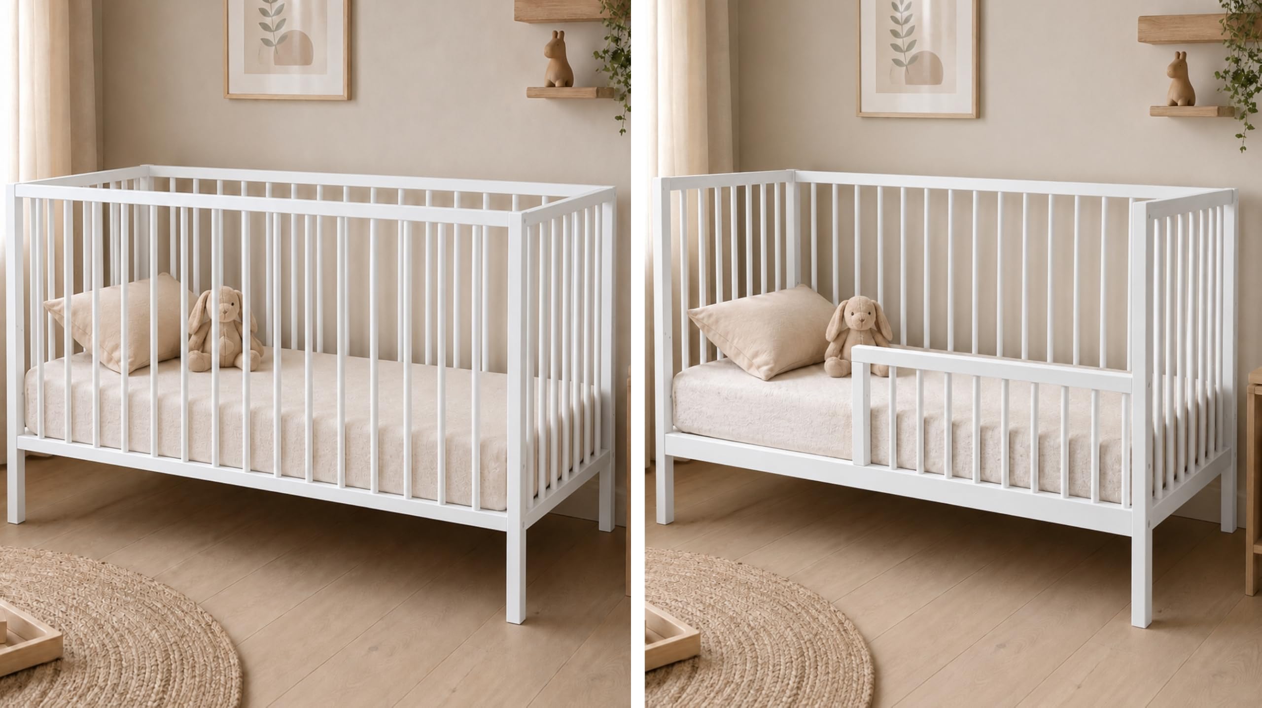 Kids Collective Babybett Kinderbett Beistellbett | Modulares Gitterbett Lattenrost 3-Fach höhenverstellbar & abnehmbare Sprossen | Baby Bett Holz Kinderzimmer | 120x60 cm | Weiß