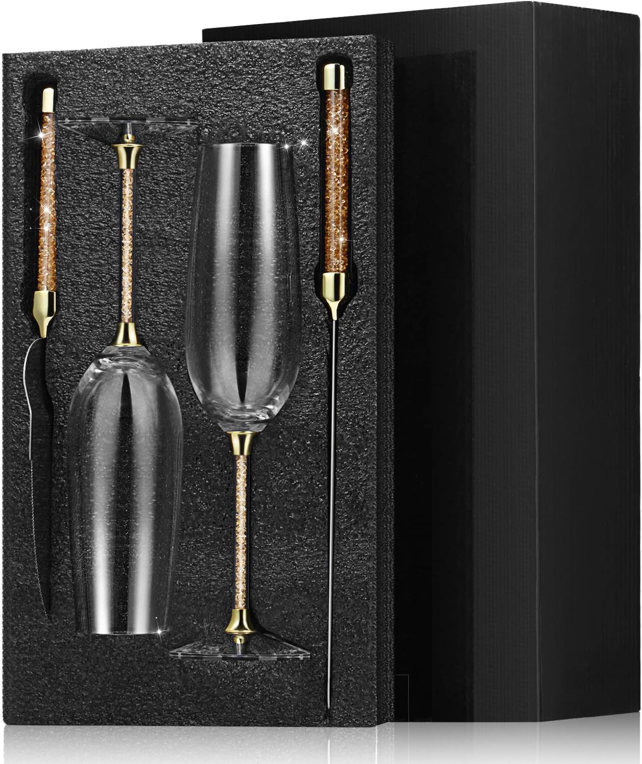 4 Piece Wedding Toasting Flutes and Cake Server Set Glittering Bead Wedding Reception Supplies Including 2 Champagne Glasses, 1 Cake Knife and 1 Pie Server (Gold)