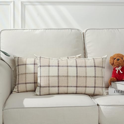 Stellhome Paquete de 2 fundas de almohada lumbares de lino con diseño de búfalo de otoño a cuadros, decoración rústica retro para cama, sofá, banco,
