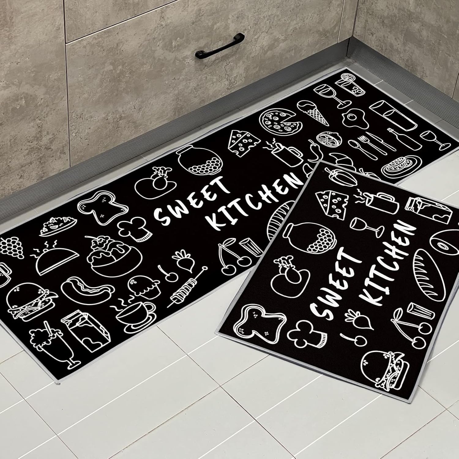 KGIHPC 2 alfombrillas de cocina antideslizantes y lavables, alfombra de cocina para piso, tapete de pie resistente (negro, 40 x 120 cm + 40 x 60 cm)