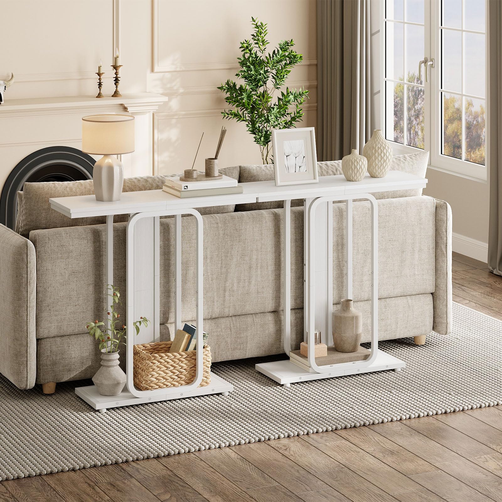 HOOBRO Table d’Entrée de Style Industriel avec Rangement, Présentoir à Structure Géométrique à 2 Niveaux, pour Entrée, Hall, Salon, Chambre, Salle à Manger, Couloir, Blanc EWW68XG01