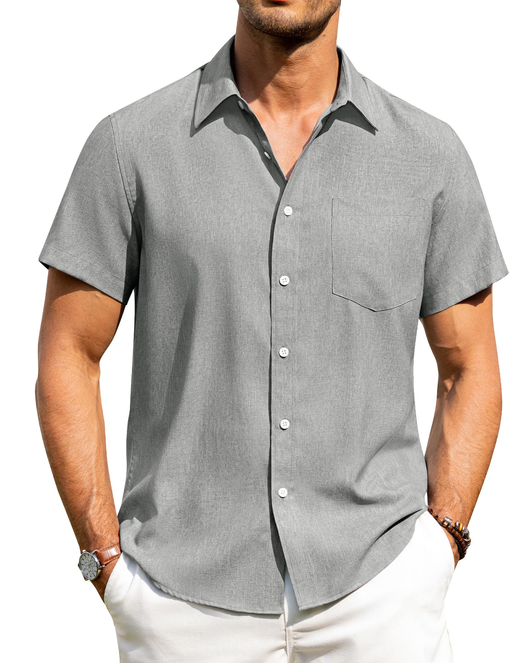 Alimens & Gentle Mens Linen Shirts Short Sleeve Button Down Shirts Wrinkle Free Casual Vacation Beach Summer Tops