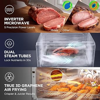 Midea 4-in-1 Inverter Microwave Oven, 0.9 Cu Ft Countertop Microwave with Air Fryer, Steamer & Convection Oven, 32 Auto Menus, 23L Smart Toaster Oven with Color Touchscreen, Stainless Steel