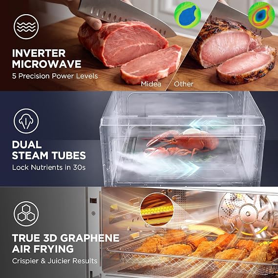 Midea 4-in-1 Inverter Microwave Oven, 0.9 Cu Ft Countertop Microwave with Air Fryer, Steamer & Convection Oven, 32 Auto Menus, 23L Smart Toaster Oven with Color Touchscreen, Stainless Steel
