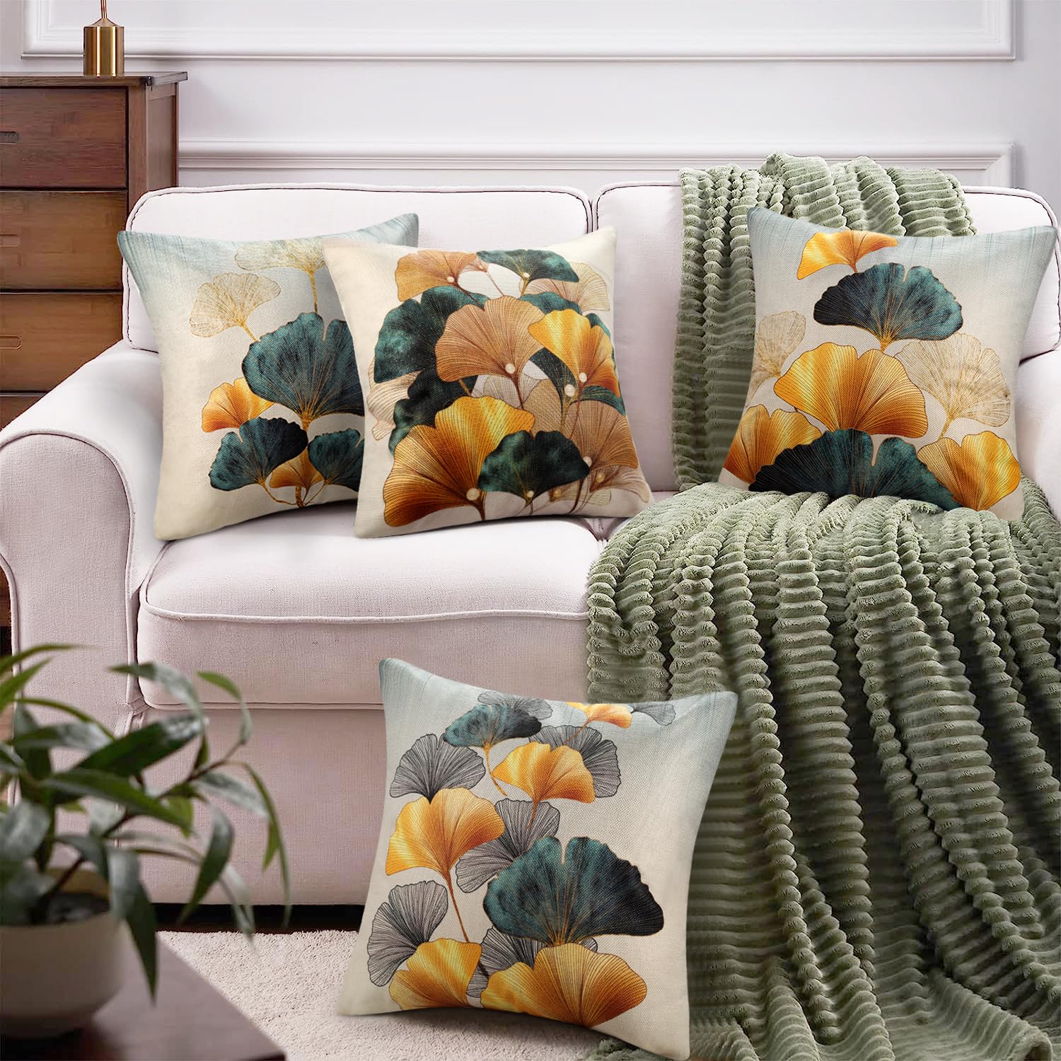 Fodera per Cuscini 40x40 Lino Ottanio oro Ginkgo Decor Federe Cuscini Divano Federe Copricuscini per Cortile Esterno Giardino Patio Letto Soggiorno Balcone Giungla Decorazione Rustica Set di 4