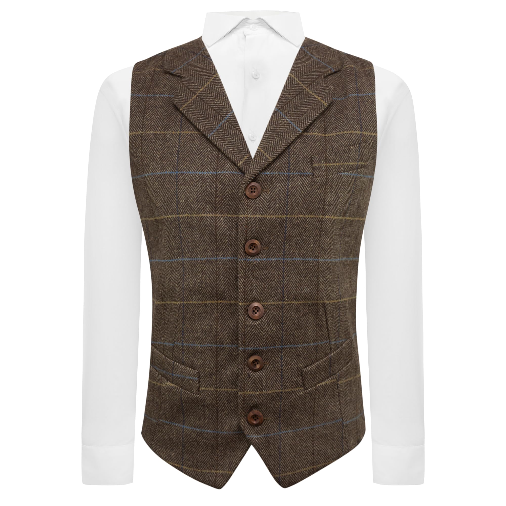 King & Priory Walnut Brown Herringbone Check Waistcoat with Lapel - XXXL
