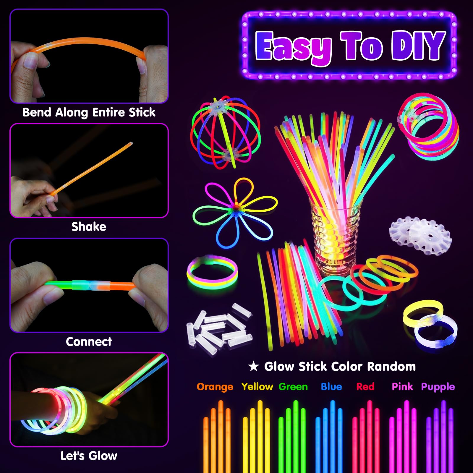 Braccialetti Luminosi Fluorescenti 82 Pezzi, 6 Occhiali Led, 50 Bracciali Luminosi Fluorescenti con 20 Luci da Dito, 6 Fasce Capelli Luminose, Gadget Compleanno Bambini per Festa Matrimoni Carnevale