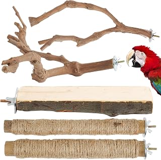 Manoai Natural Apple Wood Bird Perch Set 5PCS for Parrots - Y-Shaped Grapevines, Rope Stands, Platform for African Grey, Amazon, Medium Birds Cage