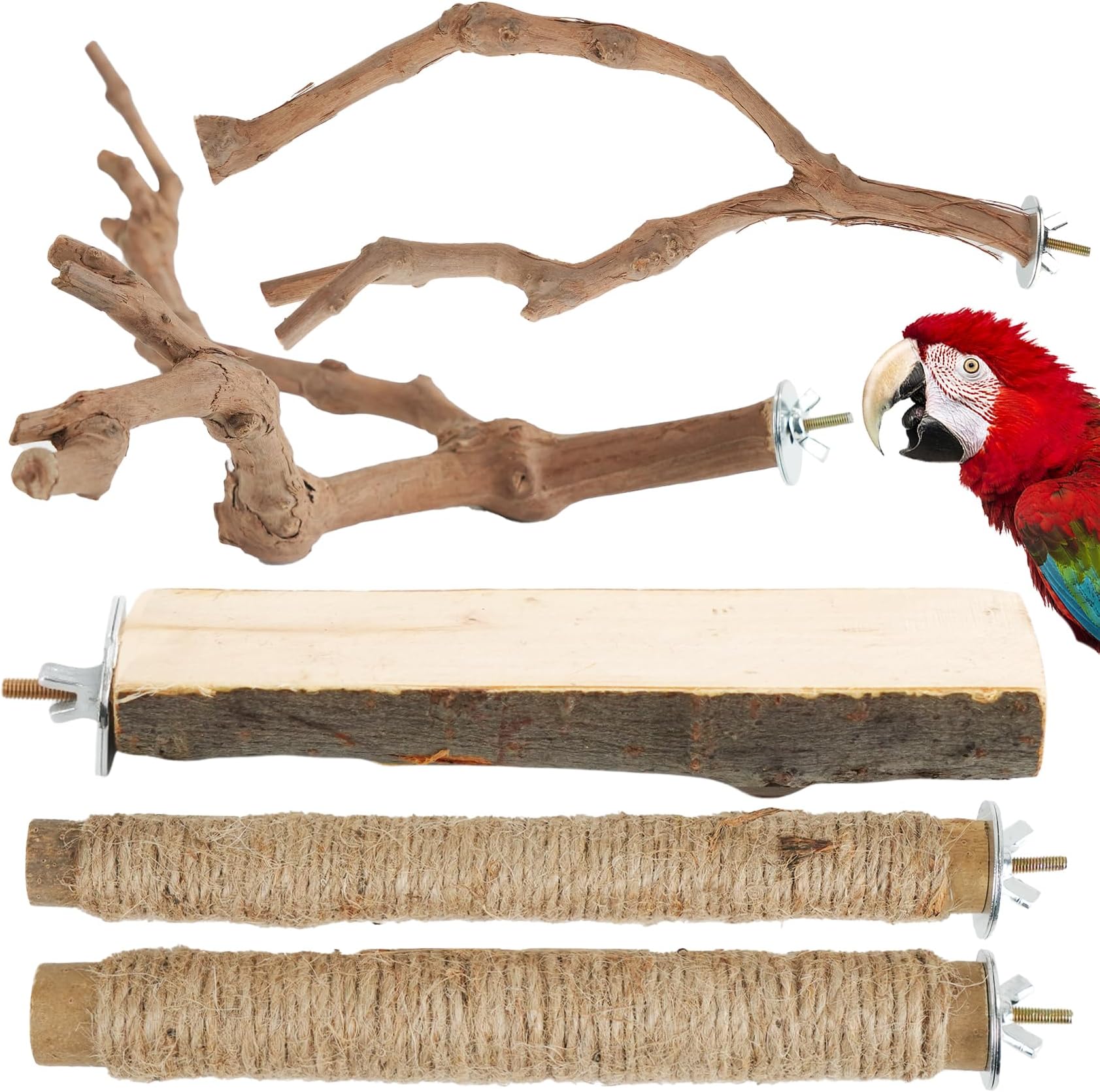 Bird Perch Stand, Pole Standing Natural Wood Bird Perch Set 5PCS Paw Grinding Fork Parrot Cage Branch with Rope for Macaw African Grey Amazon Pet Medium Birds Cage Accessories