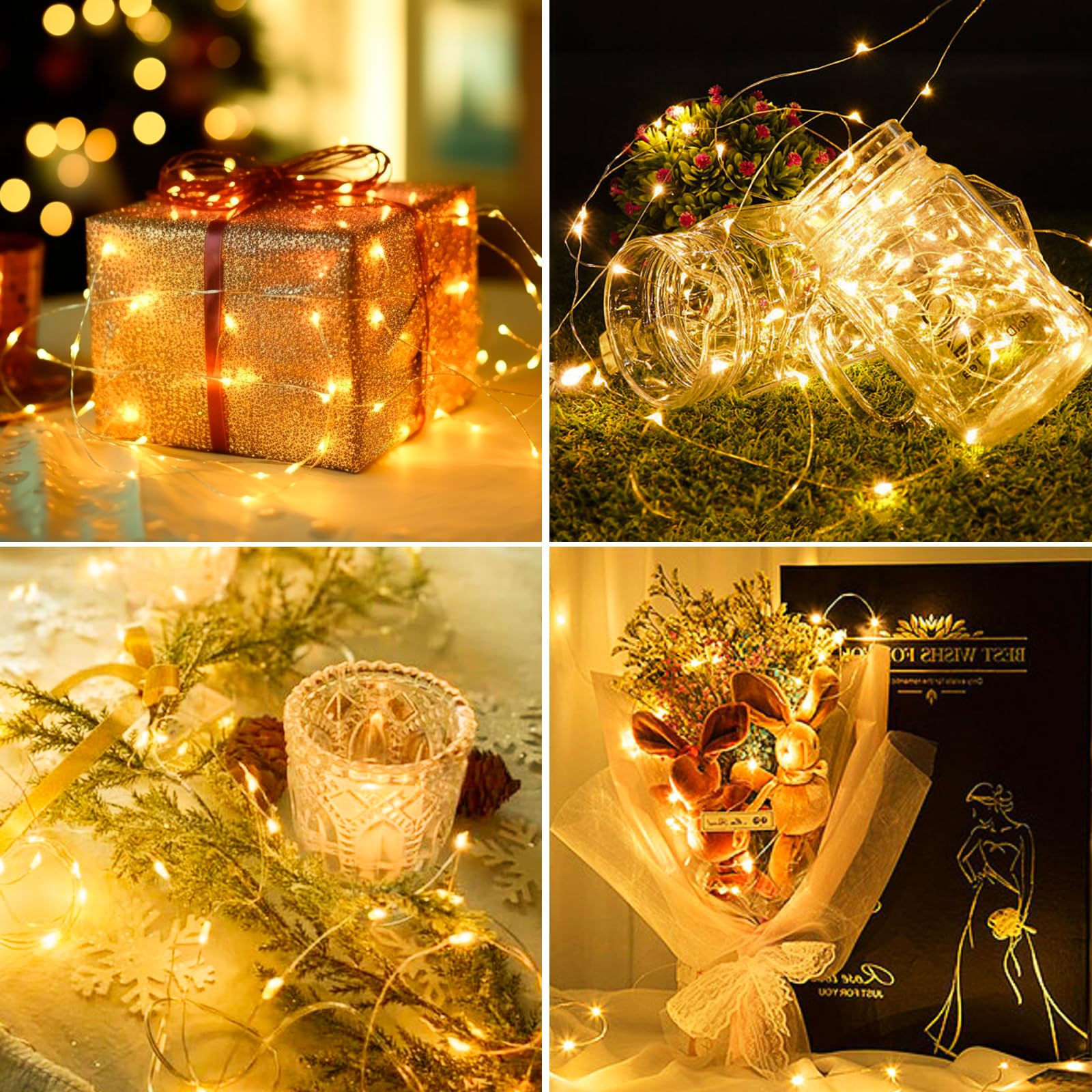 Kit Com 12 Luzes De Fadas Litogo - 20 LEDs, Fio Prateado 2,1m, à Prova D'Água - Decoração Para Casa E Festas
