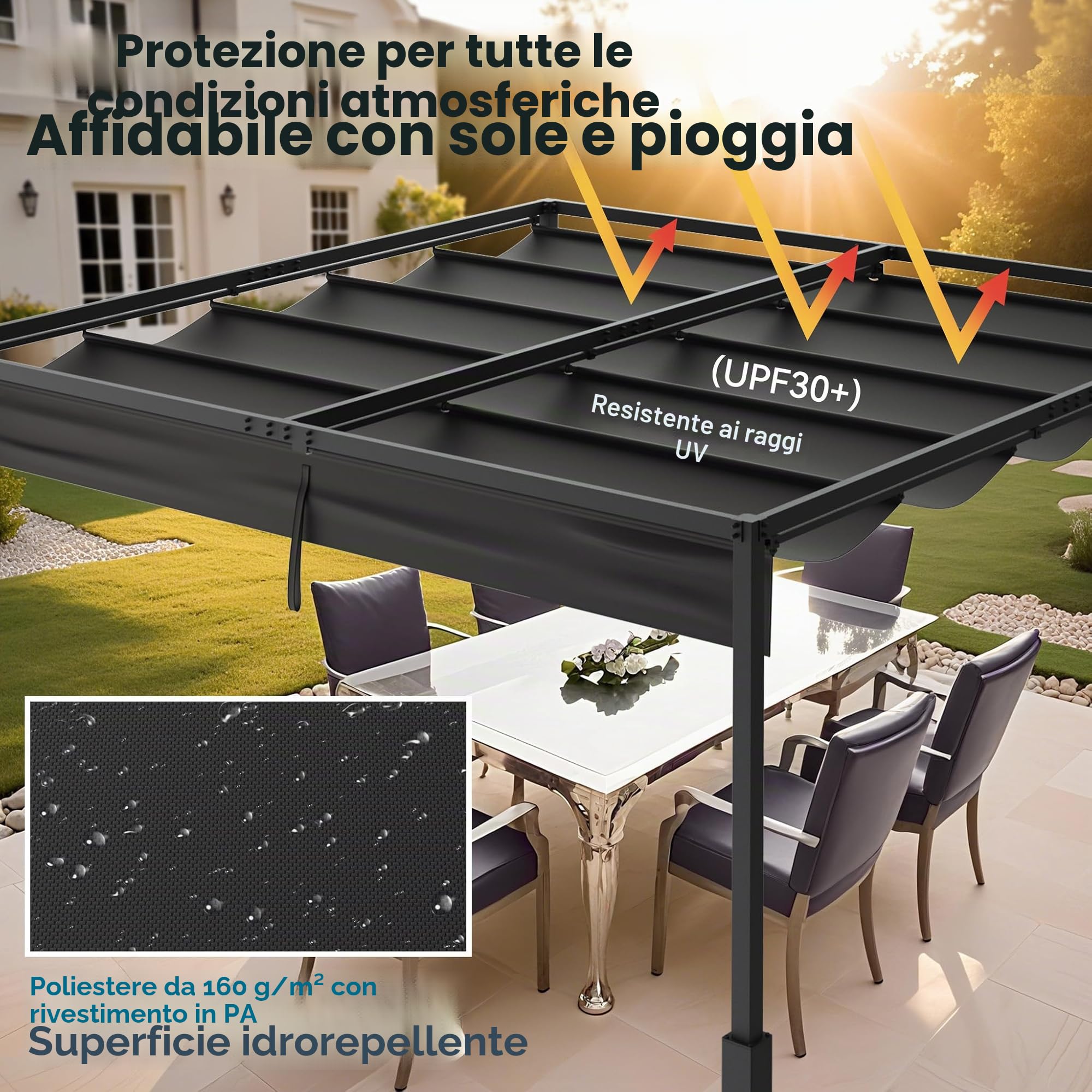 LZQ Pergola Gazebo 3x3 m con telaio acciaio robusto e tetto poliestere rivestito PA regolabile, protezione solare anti-intemperie per giardino e terrazza (nero)