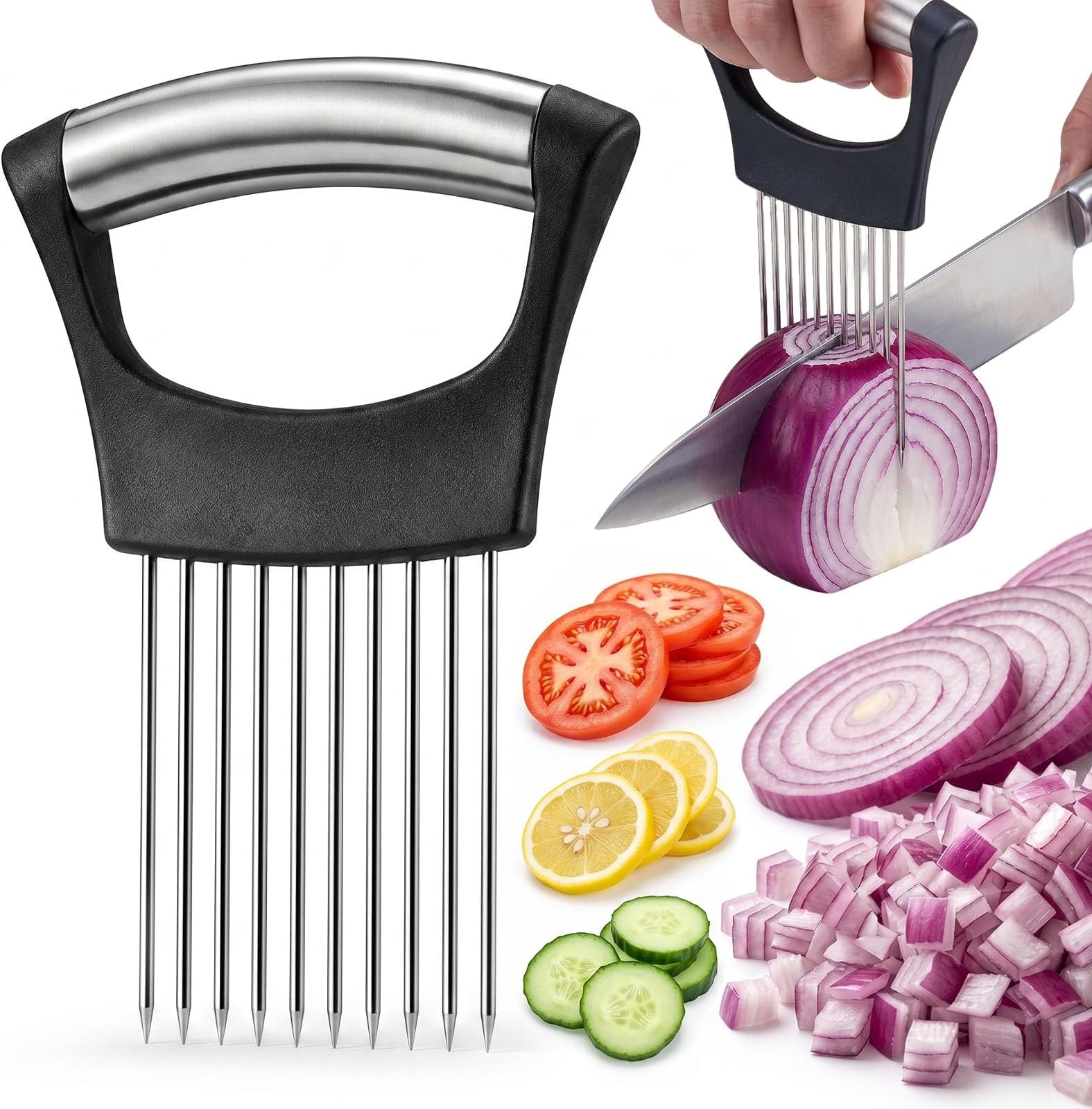 JAYVAR Onion Holder for Slicing, Lemon Slicer Onion Cutter for Slicing, Vegetable Cutter for Potato and Tomato, Avocados, Eggs, Food Slicer Assistant Tool for Slicing Fruit Lemon and Meat