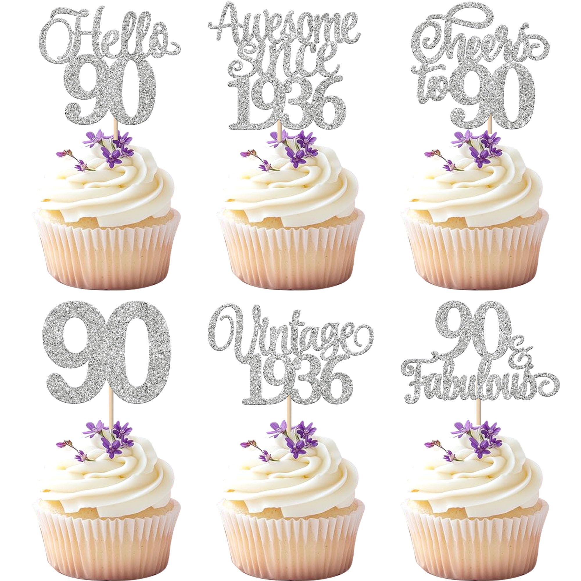 Xsstarmi 24 Pack Vintage 1936 Cupcake Toppers Glitter Silver Hello 90 Fabulous Ninty Cupcake Picks Cheers to 90 Years Birthday Cake Decorations for Happy 90th Birthday Anniversary Party Supplies