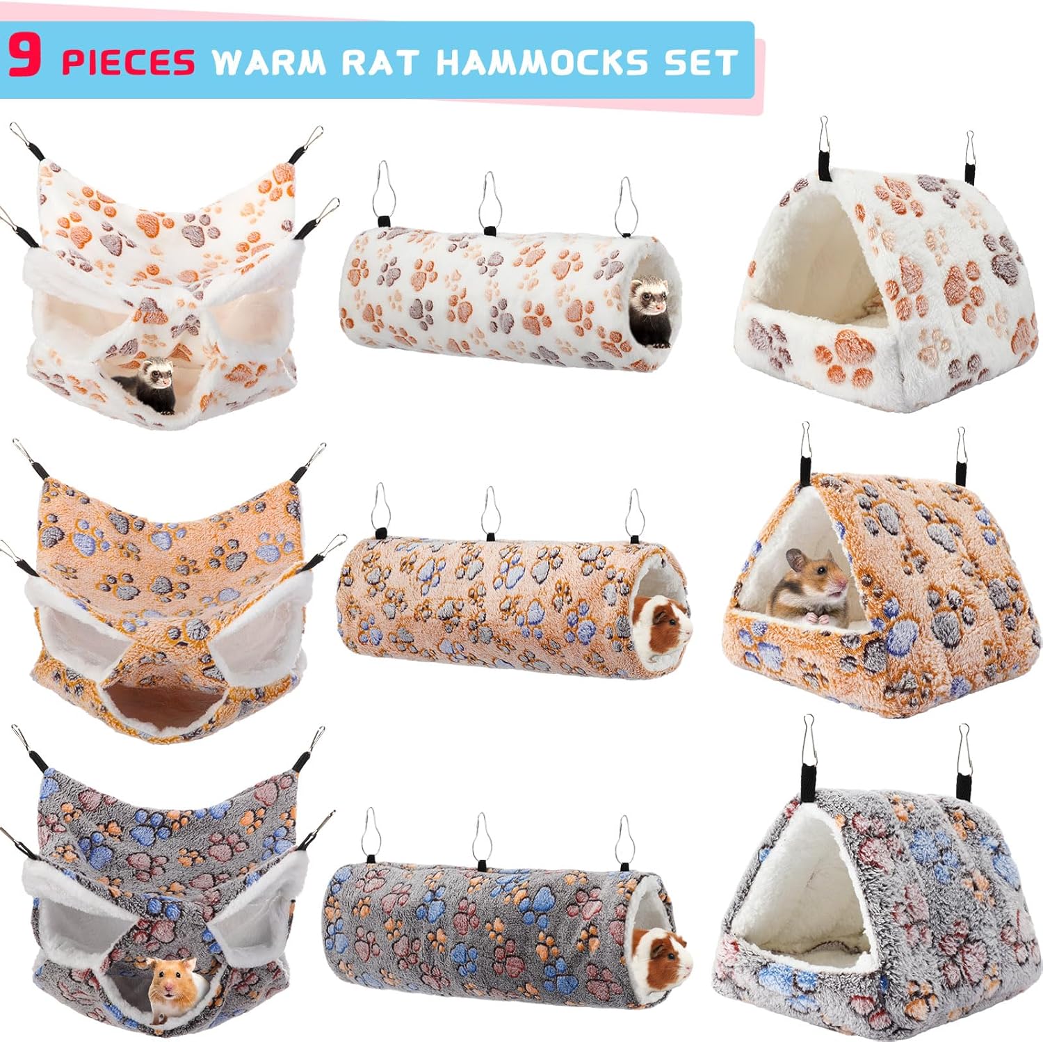 Abbylike 9 Pieces Rat Hammock 3 Tier Guinea Pig Ferret Hammocks Small Pet Hanging Tunnel Glider Toy Guinea Pig Ferret Hideout Bed Cage Accessories for Hamster(Light Brown, White, Black,Paw) 3