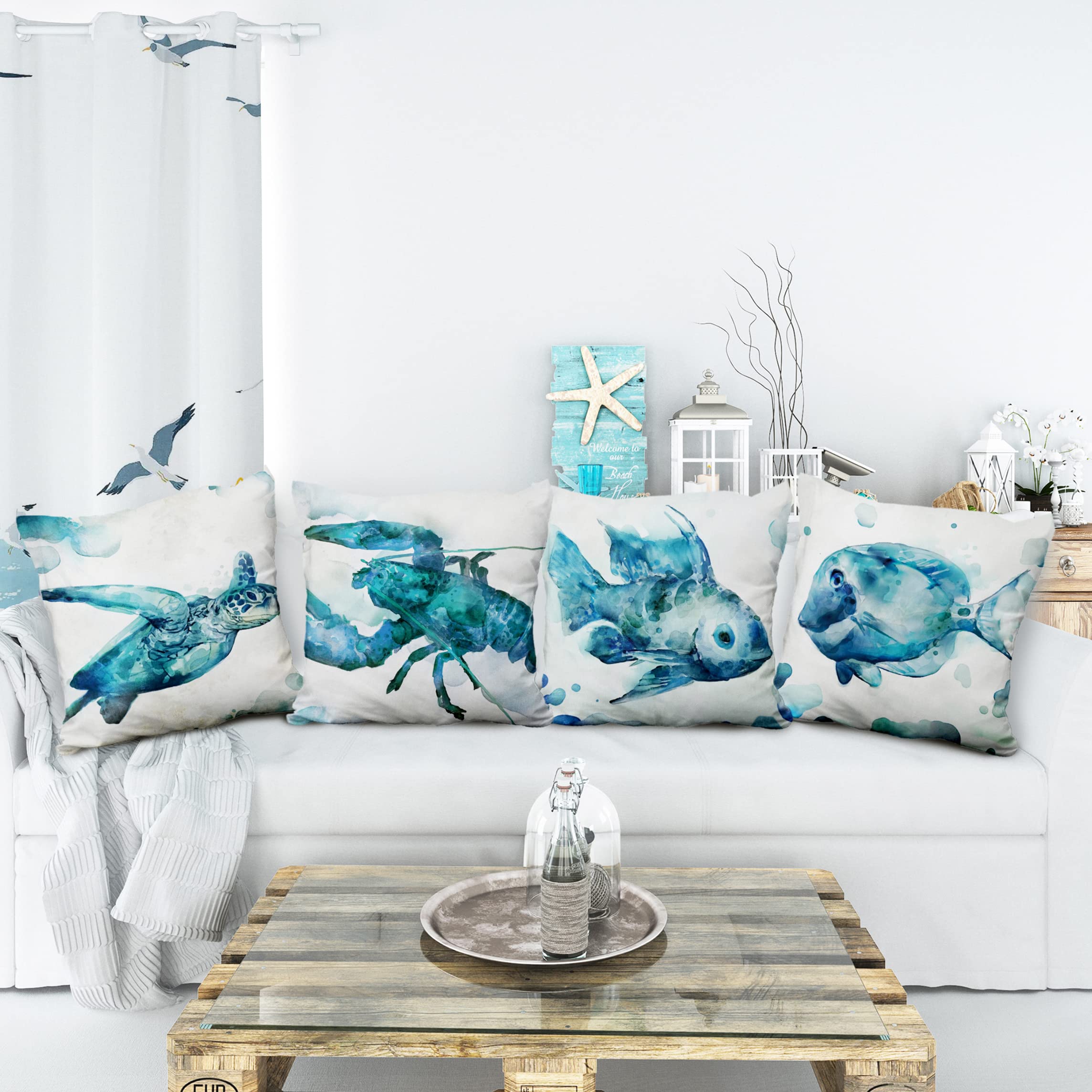 Federe Cuscini Tema Mare - Set Da 4, 41x41 Cm, Lino Con Stampa Tartarughe E Conchiglie - Foto 7