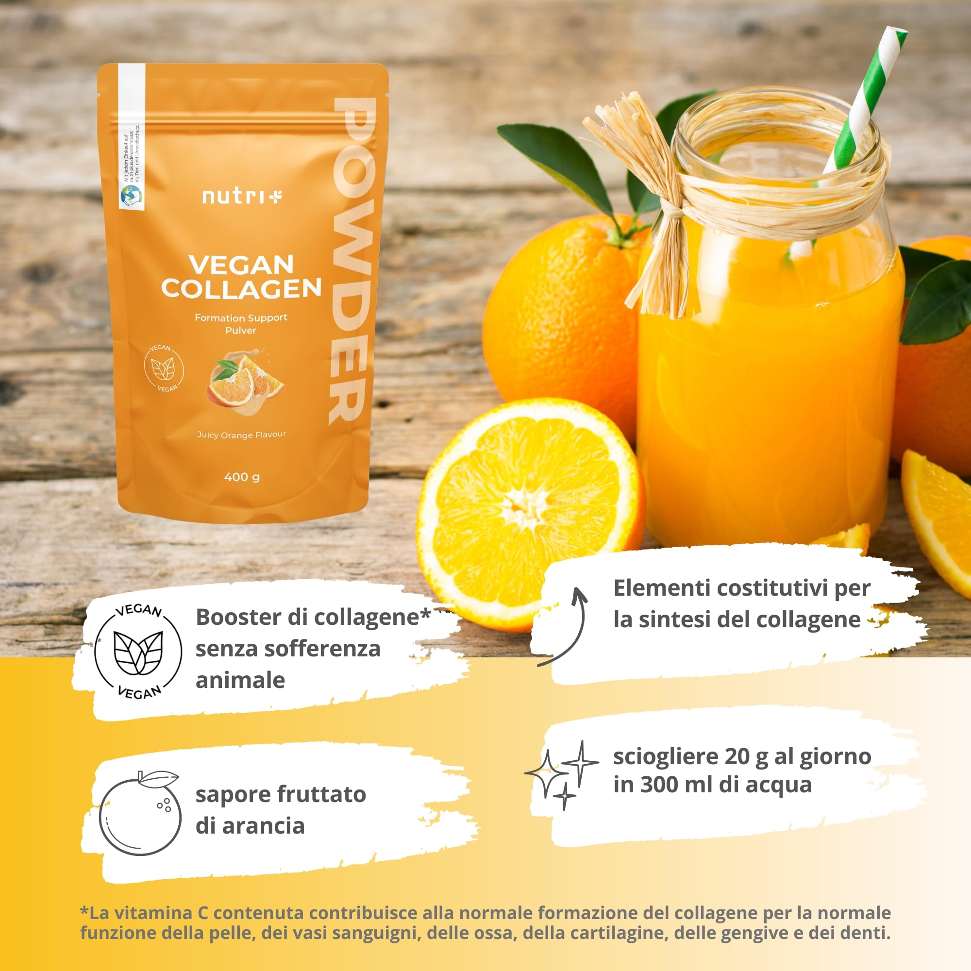 Nutri + Vegan Collagen Formation Support - Polvere Sostegno Formazione Peptidi di Collagene - con Acido ialuronico + Vitamina C per Pelle, Capelli, Unghie - 400 g Arancia