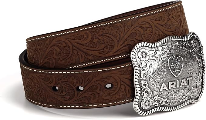 ARIAT Men’s Genuine Leather Belt Aged Bark – Floral Embossed with Antique Silver Logo Buckle