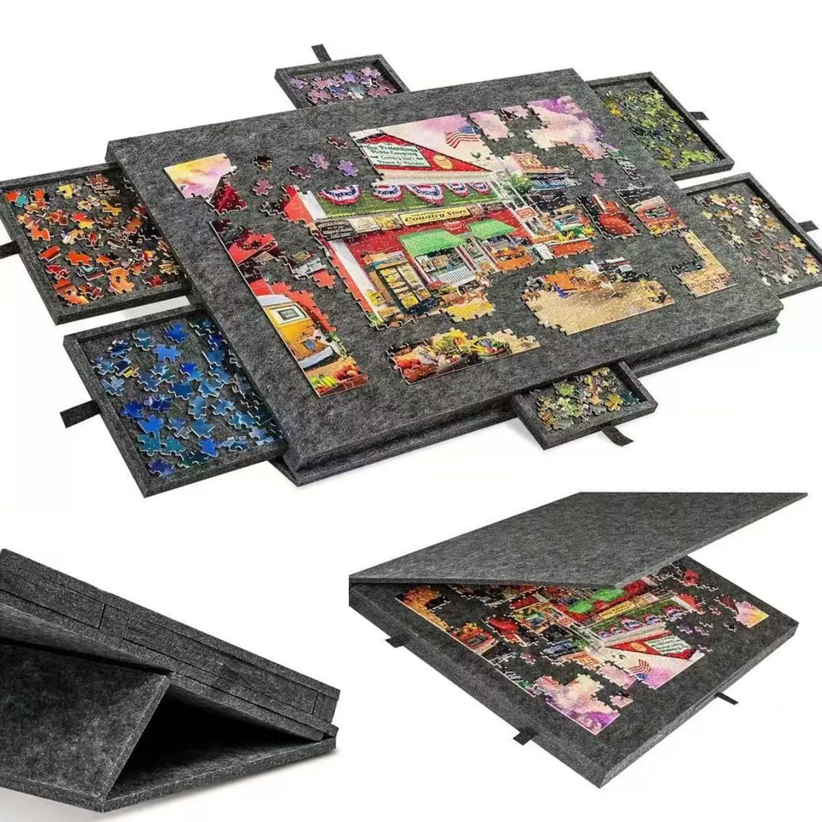 Planche de puzzle avec 6 tiroirs et couvercle, jusqu'à 1500 pièces, planche de puzzle en feutre légère et portable avec support réglable, pour adultes et enfants Dark grey 1500 pieces