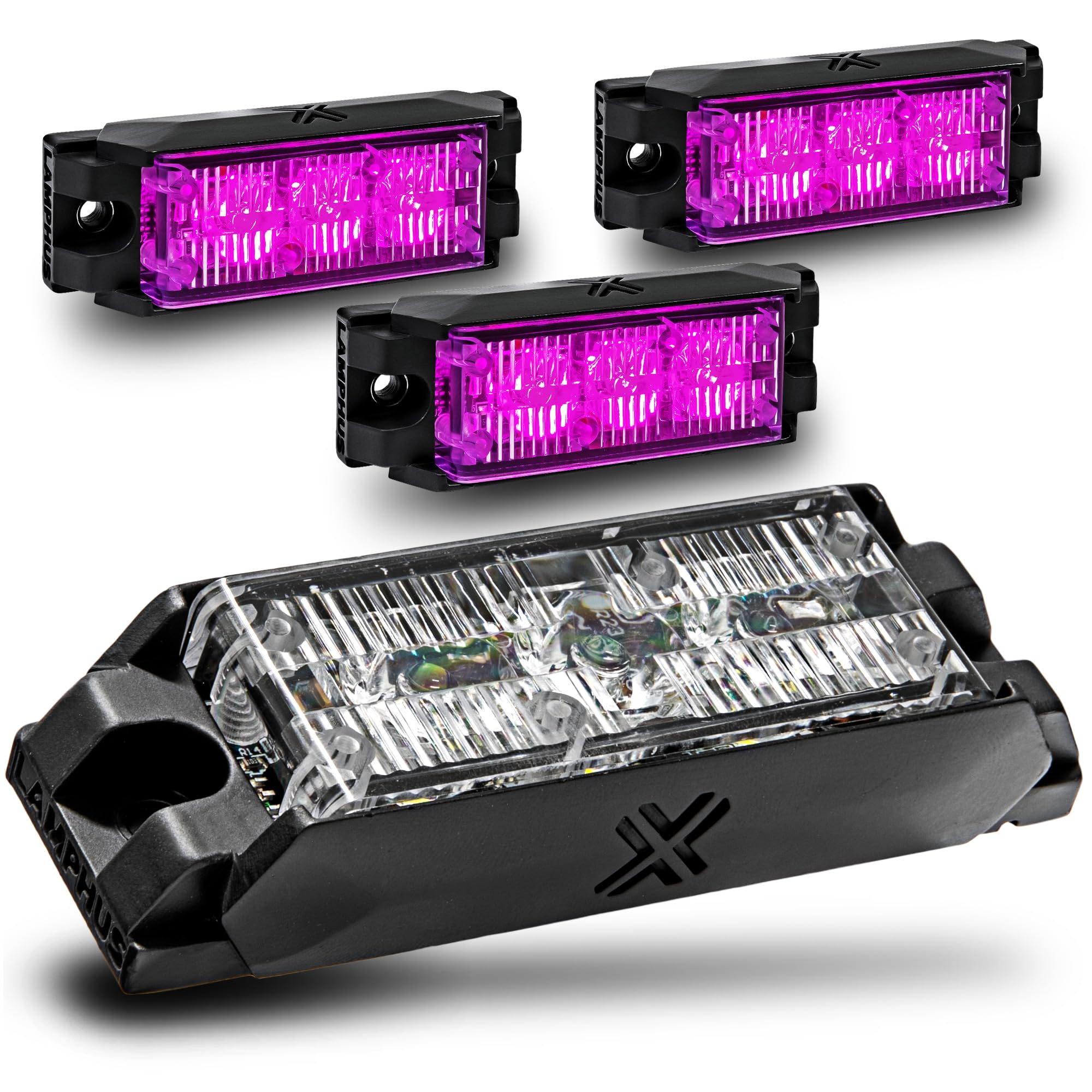 LAMPHUS NanoFlare 4pc 3W Purple LED Police Grill Strobe Warning Lights | Emergency Warning Police Lights, SAE Class 1, Surface Mount, for Funeral Escort Service Vehicle, Ultra Slim